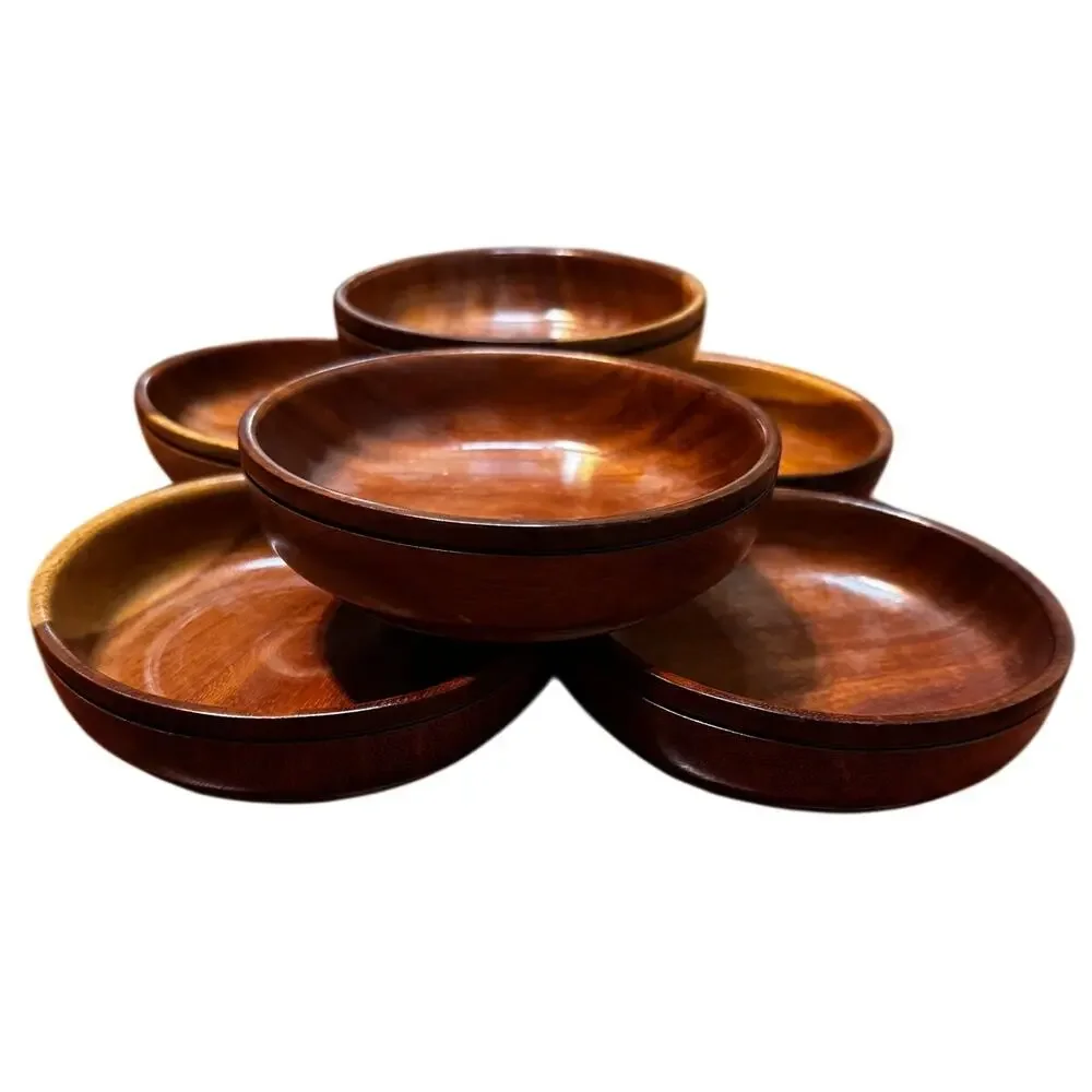 Vintage Solid Wood Salad Bowls Set of 6 MCM Heavy Dense Walnut Grain 4 1/2